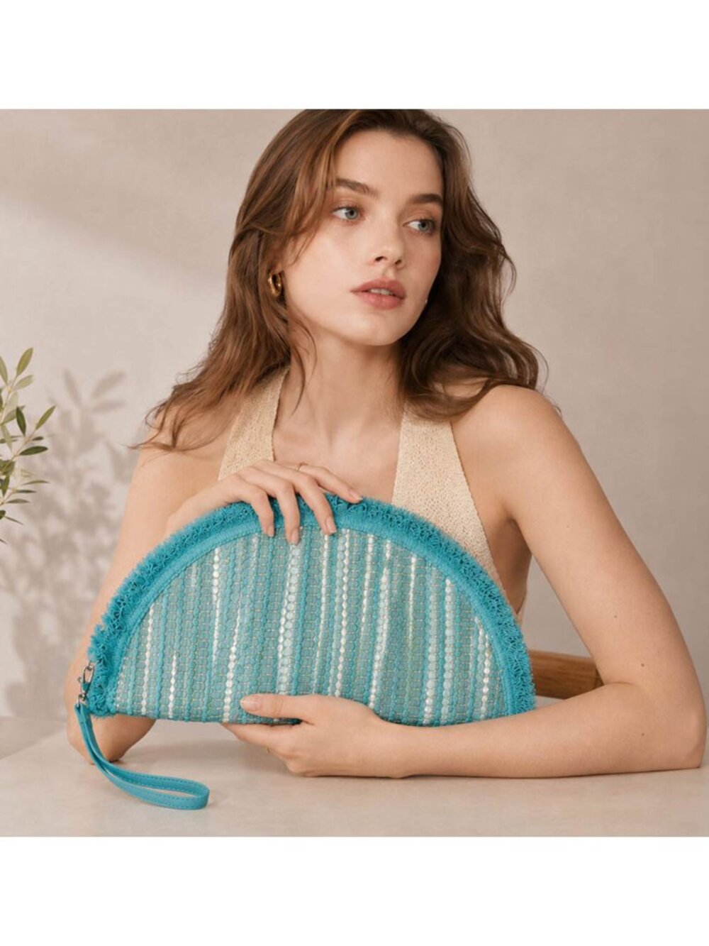 Tigerstars Boho Turquoise Fringe Textured Half Moon Clutch Bag